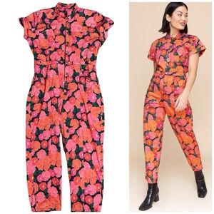 Mixed Floral Boiler Suit Jumpsuit Women XXXL Pink Orange Short Sleeve Utility